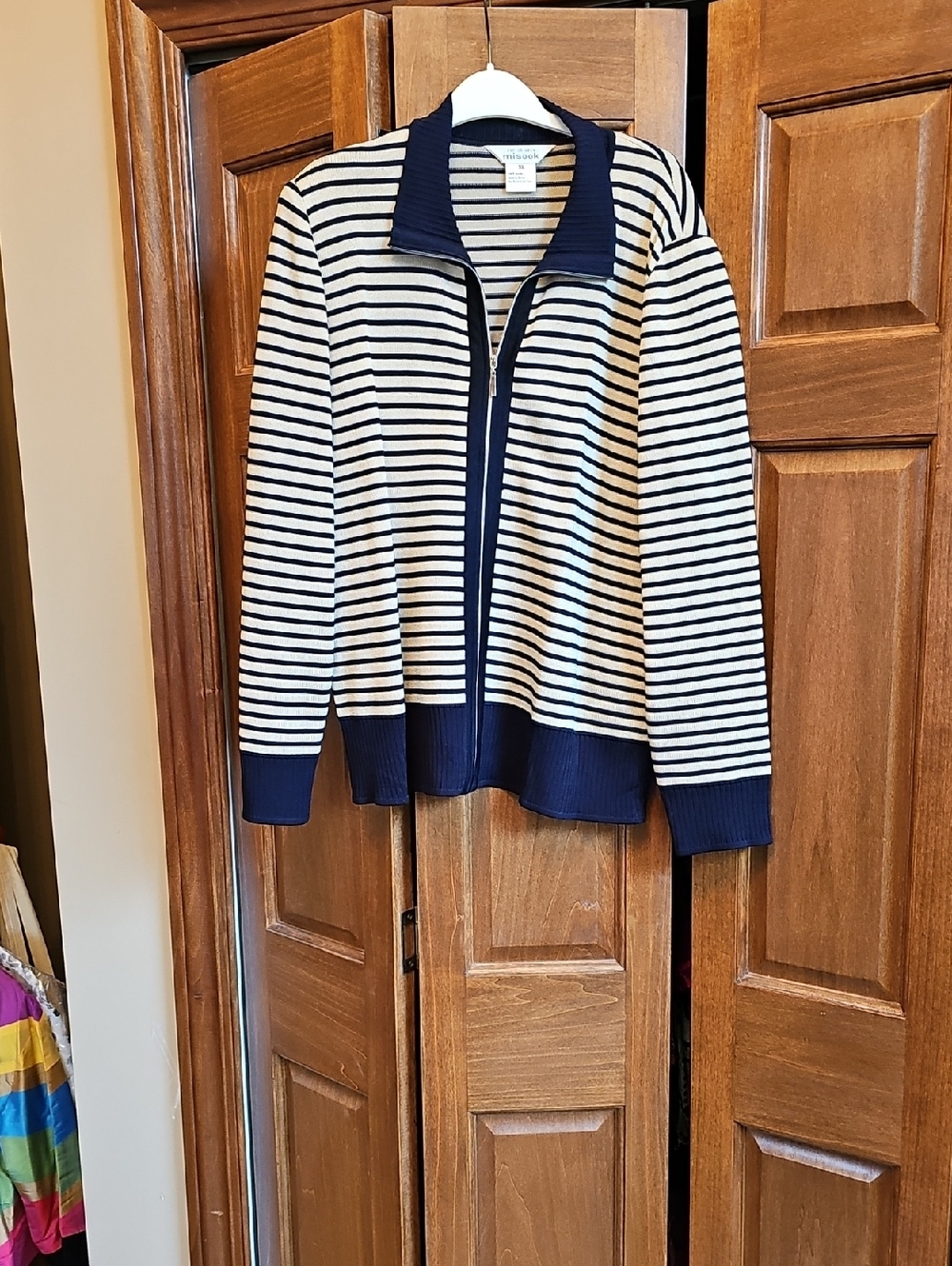 Misook Striped Zip Front Knit Cardigan - Navy & Cream